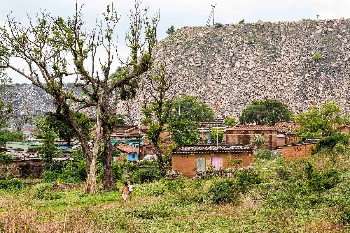 Vikram Sharma : Scorched trees and a towering mountaion of Mining waste surround Agariya, Mandu Block, Ramgarh district, Jharkhand